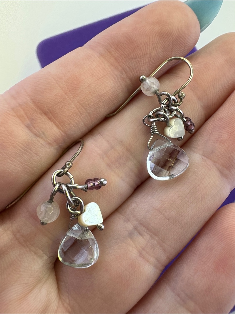 💛 Handmade Sterling Silver Crystal Teardrop Heart Charm Earrings